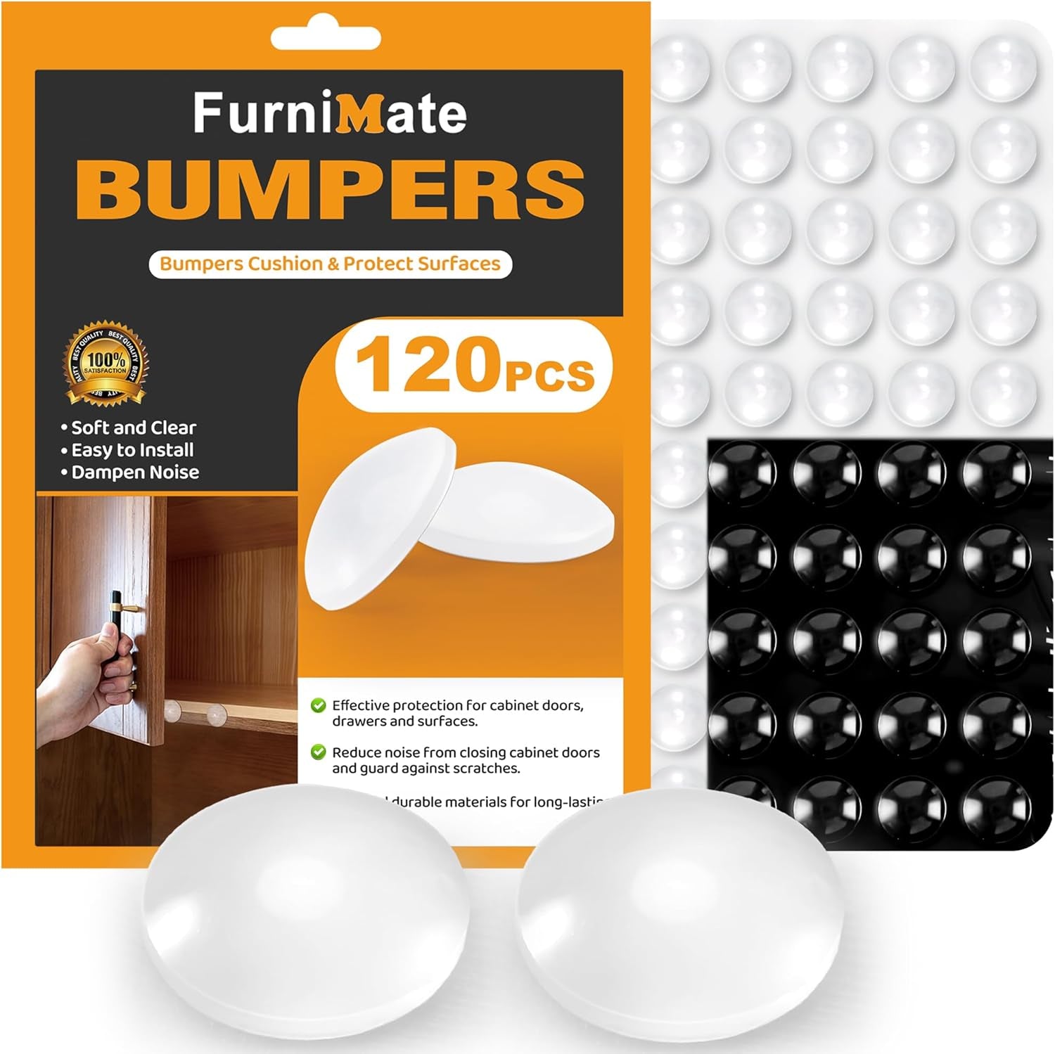 Cabinet Door Bumper, Cabinet Bumpers Clear Rubber Stoppers 120PCS 3/8 Inch | Cabinet Stoppers, Cupboard Drawer Picture Frame Bumpers, Sound Dampening, Clear and Black