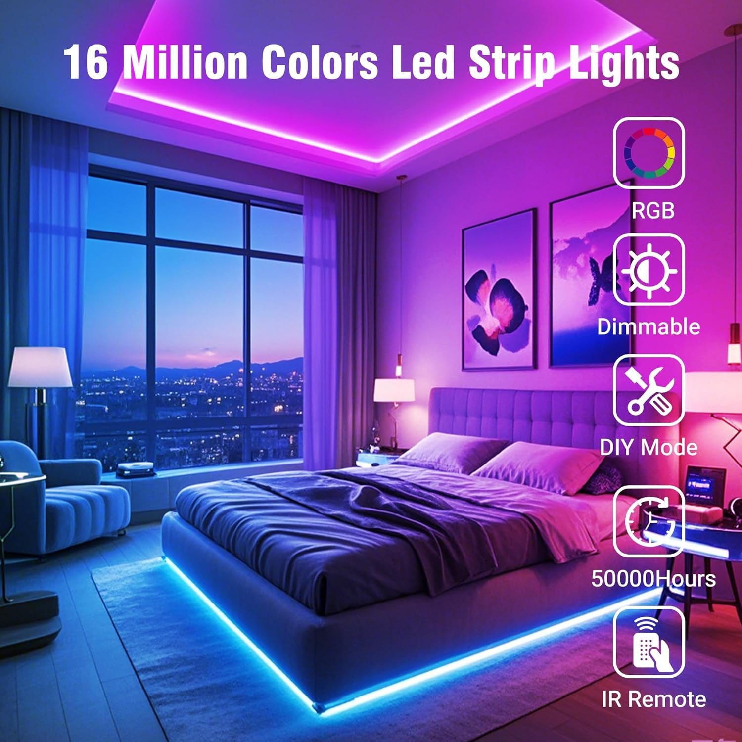 100FT LED Strip Lights for Bedroom RGB Color Changing | 24-Key IR Remote Control, Smart App Control, Music Sync, Room Home Decor Lighting