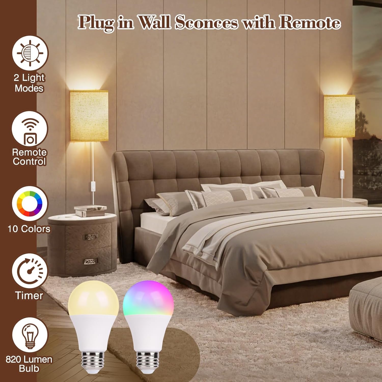 Plug in Wall Sconces Set of Two: Wall Lights with 7 RGB Colors - 3 Color Temperature Wall Mount Lamps with Remote - Fabric Linen Wall Sconc for Bedroom Living Room & Hallway- Indoor Corded Wall Sconce | 3 Color Temperature Wall Mount Lamps with Fabric Linen & Timer for Bedroom Living Room & Hallway- Indoor Corded Wall Sconce