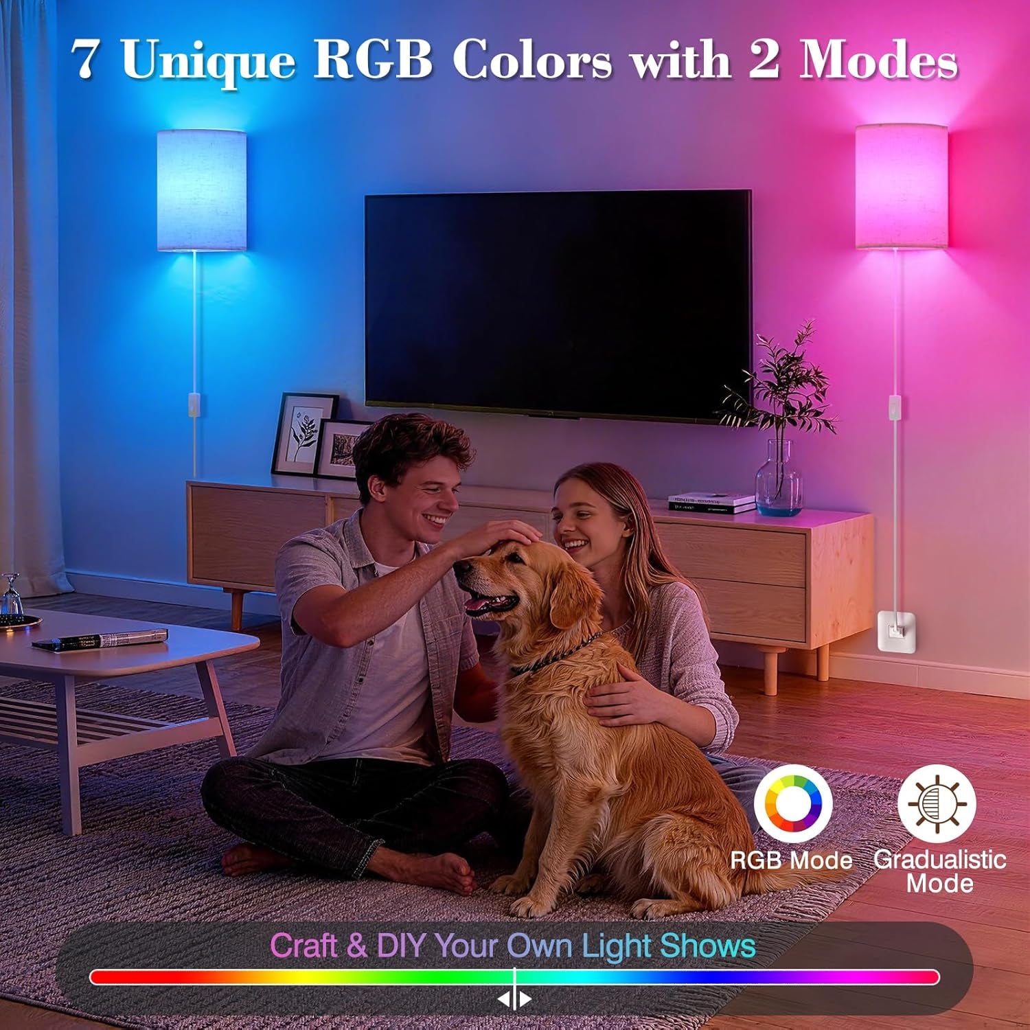 Plug in Wall Sconces Set of Two: Wall Lights with 7 RGB Colors - 3 Color Temperature Wall Mount Lamps with Remote - Fabric Linen Wall Sconc for Bedroom Living Room & Hallway- Indoor Corded Wall Sconce | 3 Color Temperature Wall Mount Lamps with Fabric Linen & Timer for Bedroom Living Room & Hallway- Indoor Corded Wall Sconce