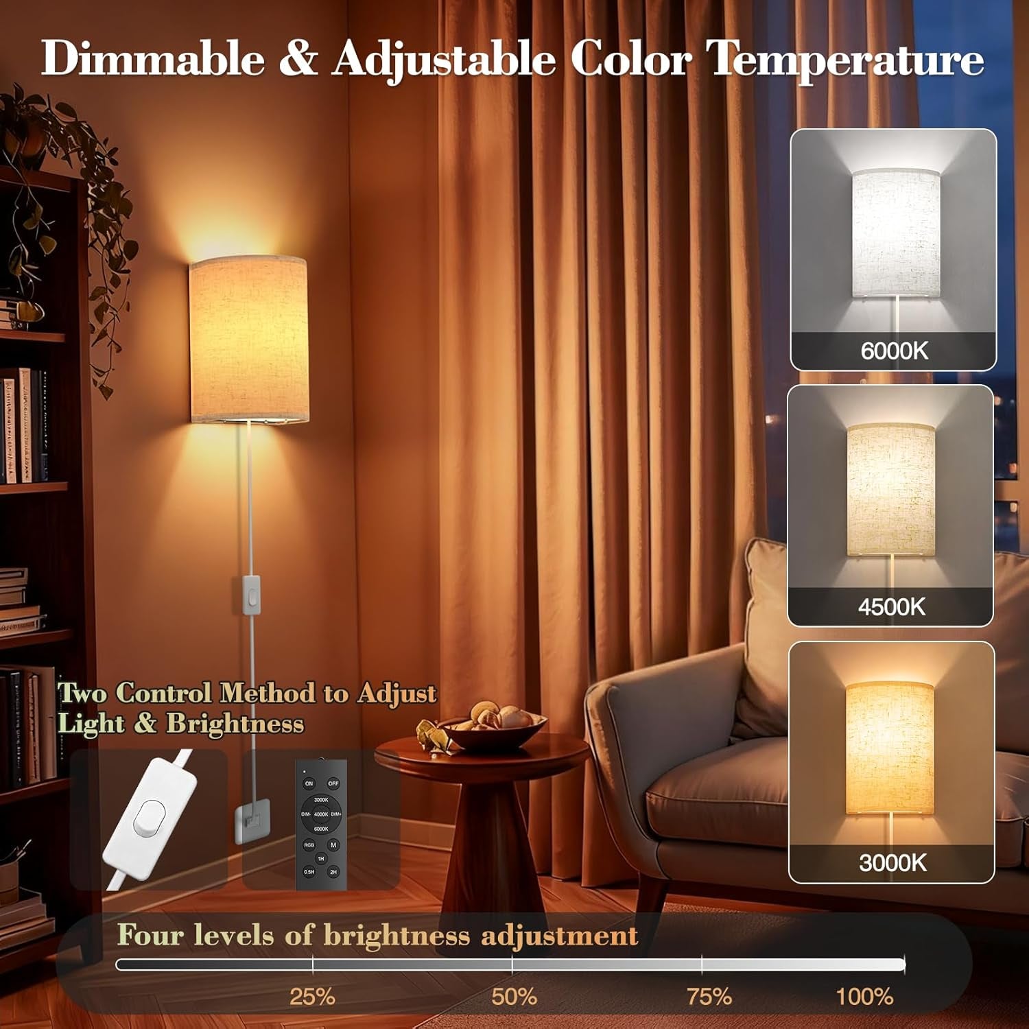 Plug in Wall Sconces Set of Two: Wall Lights with 7 RGB Colors - 3 Color Temperature Wall Mount Lamps with Remote - Fabric Linen Wall Sconc for Bedroom Living Room & Hallway- Indoor Corded Wall Sconce | 3 Color Temperature Wall Mount Lamps with Fabric Linen & Timer for Bedroom Living Room & Hallway- Indoor Corded Wall Sconce