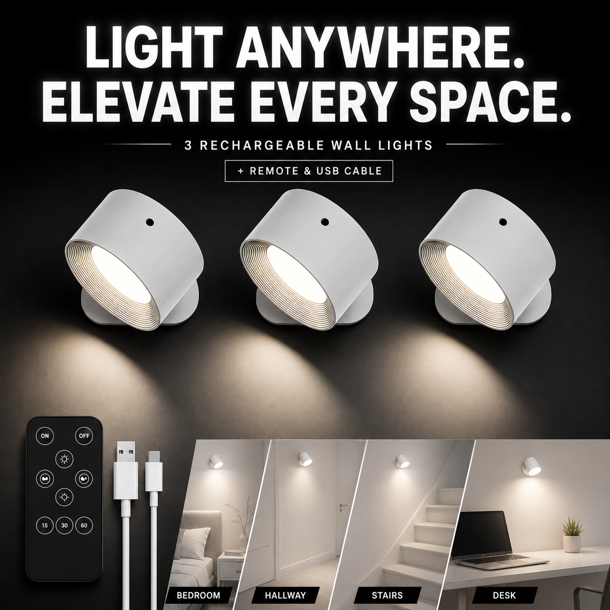 No-Drill LED Wall Sconce Set (3-Pack) — Rechargeable, Remote-Controlled, Renter-Friendly