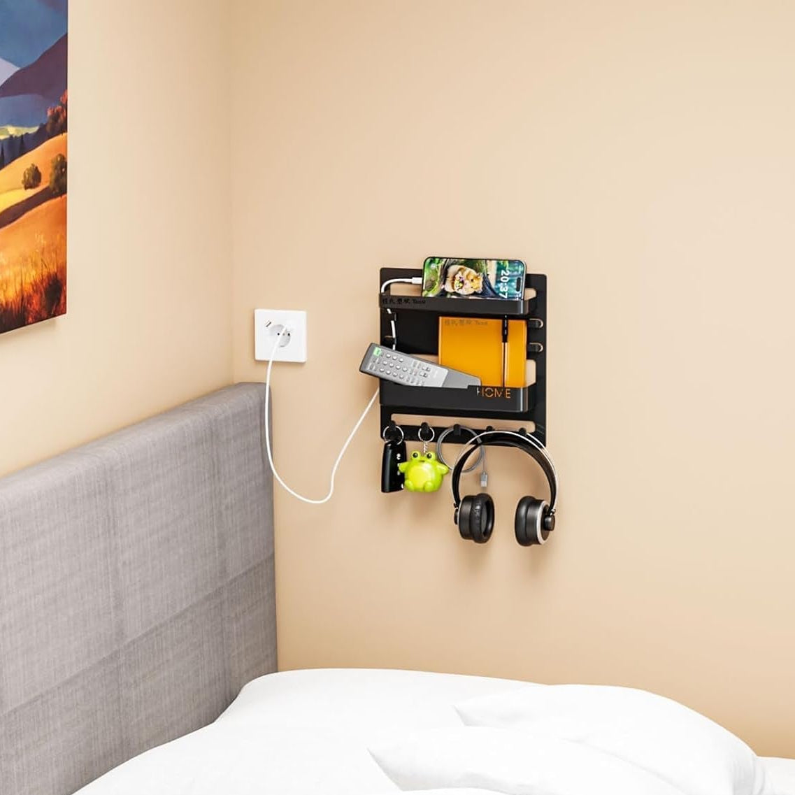 Bedside Shelf Wall Mount and Wall Nightstand for Bedroom,Rv,Dorm Room,Bedside Wall Organizer for Phone Holder,Wall Mount Shelf Organizer for Charging Station and Remote Control Holder,Black