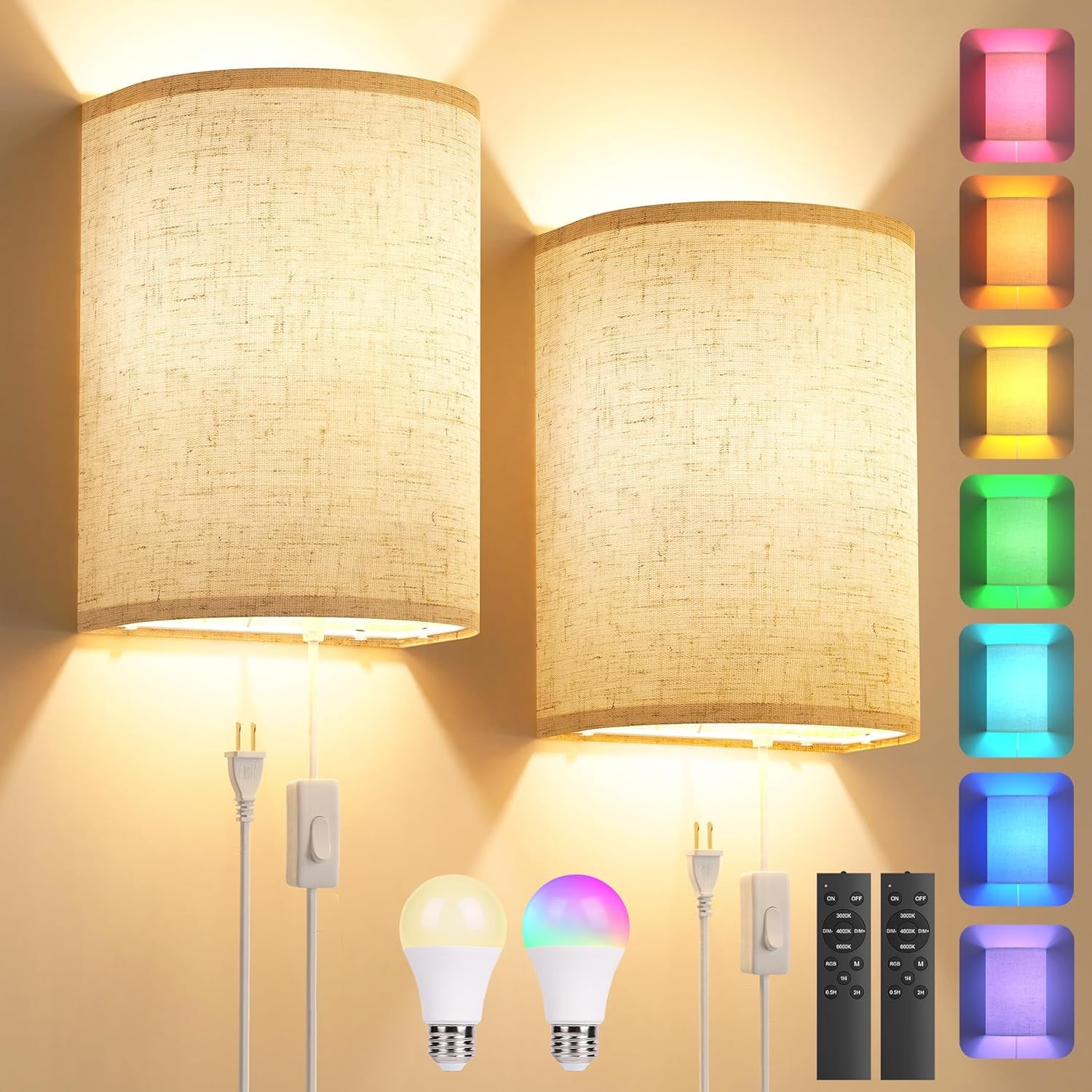 Plug in Wall Sconces Set of Two: Wall Lights with 7 RGB Colors - 3 Color Temperature Wall Mount Lamps with Remote - Fabric Linen Wall Sconc for Bedroom Living Room & Hallway- Indoor Corded Wall Sconce | 3 Color Temperature Wall Mount Lamps with Fabric Linen & Timer for Bedroom Living Room & Hallway- Indoor Corded Wall Sconce