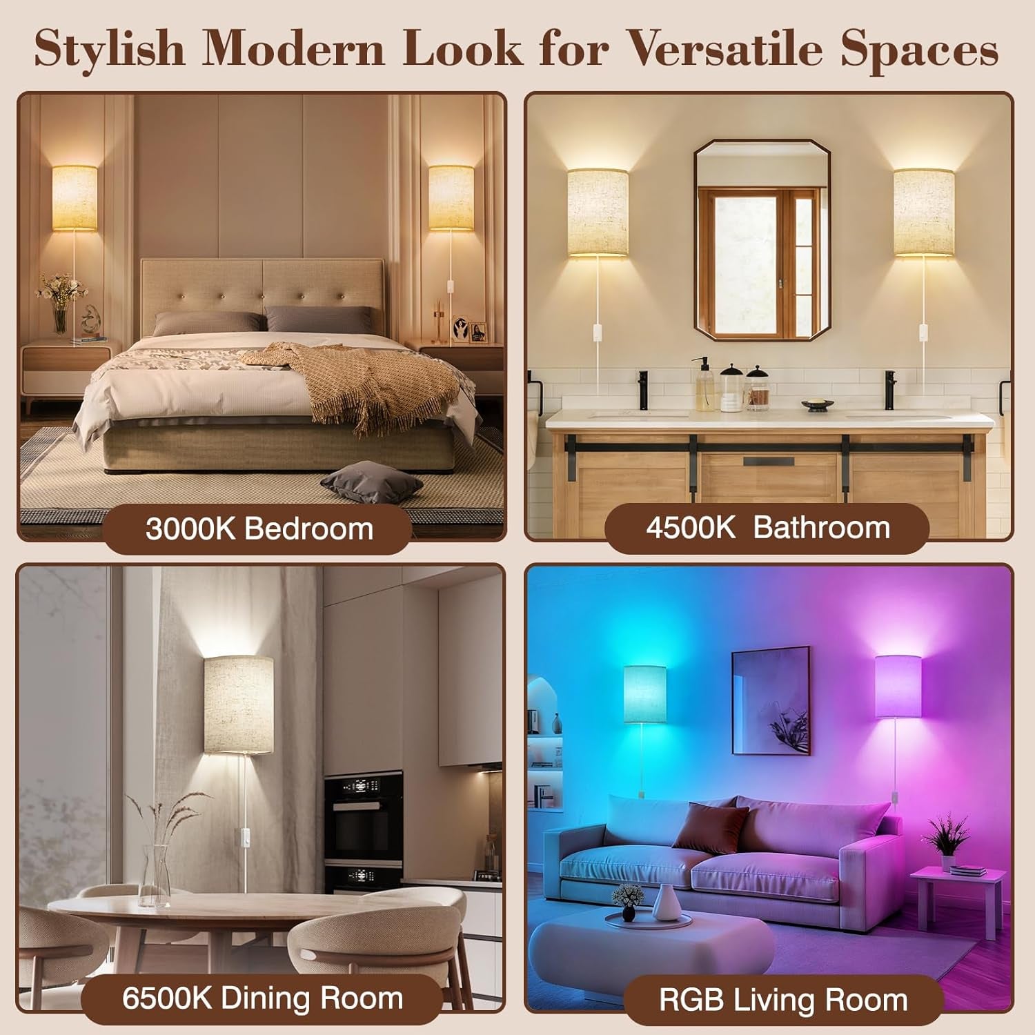 Plug in Wall Sconces Set of Two: Wall Lights with 7 RGB Colors - 3 Color Temperature Wall Mount Lamps with Remote - Fabric Linen Wall Sconc for Bedroom Living Room & Hallway- Indoor Corded Wall Sconce | 3 Color Temperature Wall Mount Lamps with Fabric Linen & Timer for Bedroom Living Room & Hallway- Indoor Corded Wall Sconce