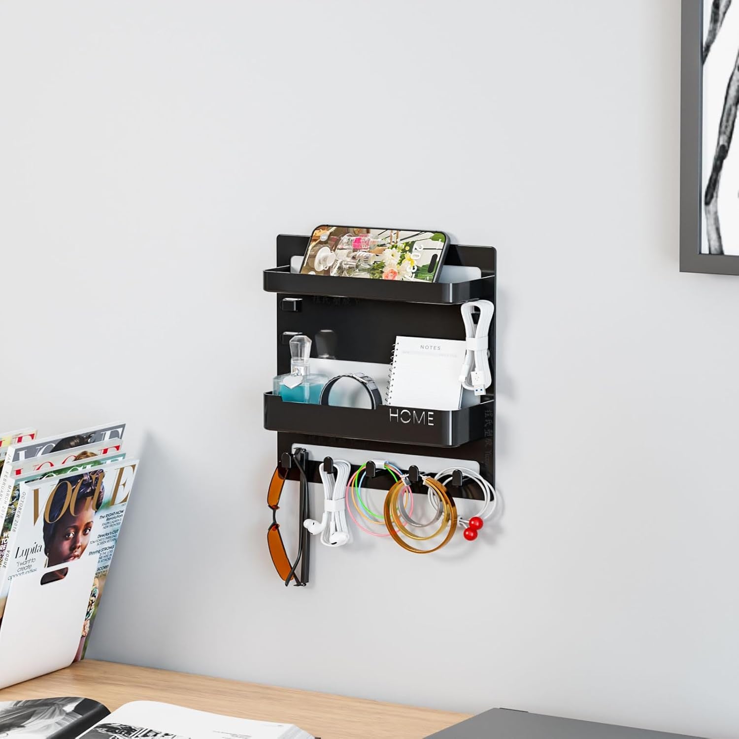 Bedside Shelf Wall Mount and Wall Nightstand for Bedroom,Rv,Dorm Room,Bedside Wall Organizer for Phone Holder,Wall Mount Shelf Organizer for Charging Station and Remote Control Holder,Black