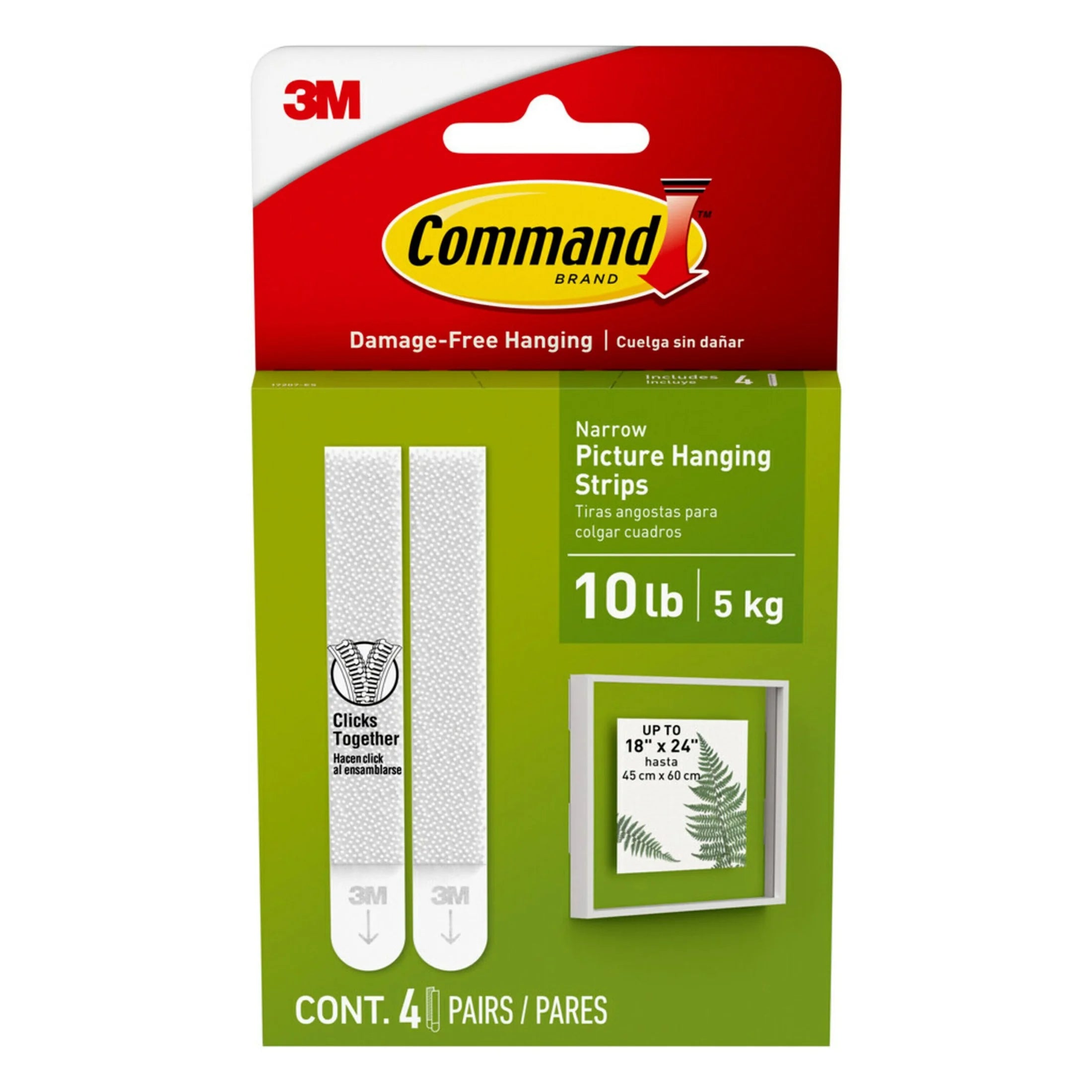 Narrow Picture Hangers, Holds 10 Lb, White, 4 Pairs Adhesive Strips
