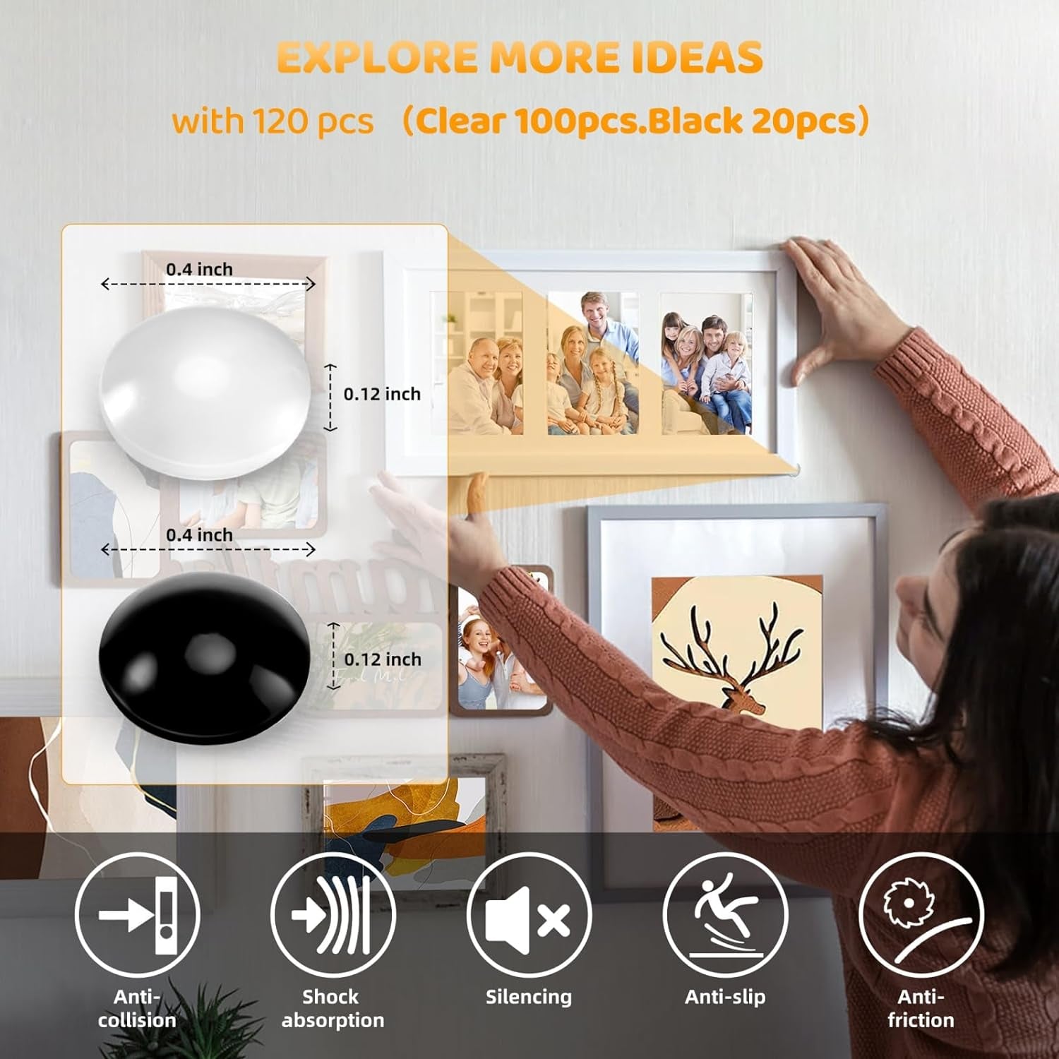 Cabinet Door Bumper, Cabinet Bumpers Clear Rubber Stoppers 120PCS 3/8 Inch | Cabinet Stoppers, Cupboard Drawer Picture Frame Bumpers, Sound Dampening, Clear and Black